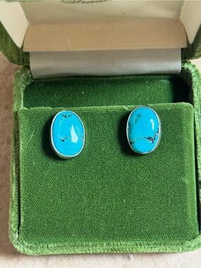 Turquoise Oval Stone Stud Earrings - Bright Blue Cabochon